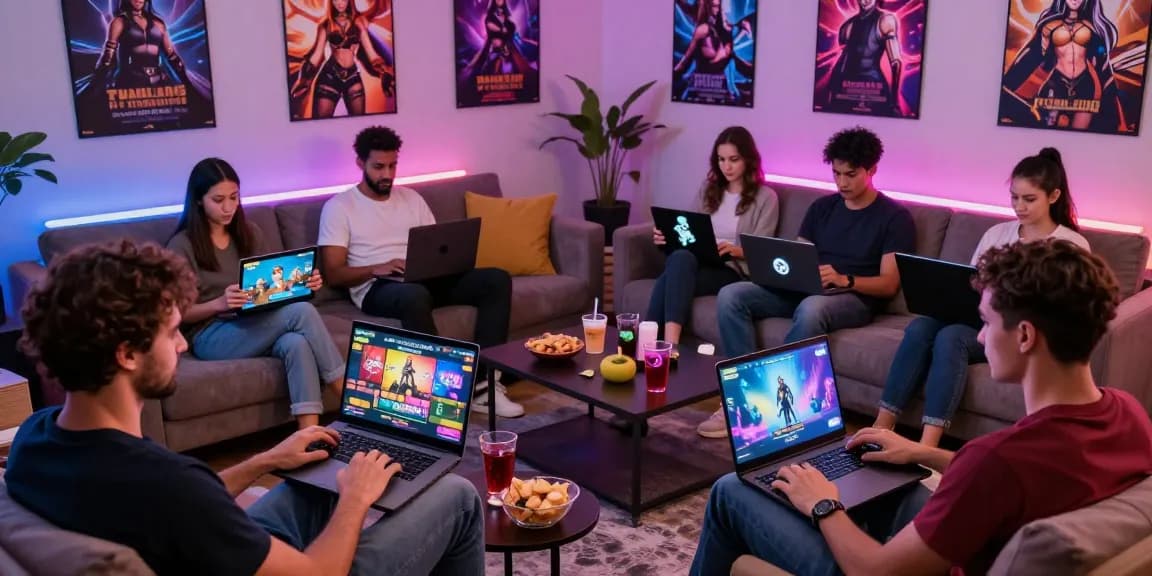 Group of adults enjoying free sex games on multiple devices in a vibrant gaming lounge.