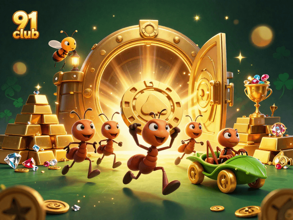Earn big at 91 club casino with a daring team of ants stealing a giant poker chip in this vibrant scene.