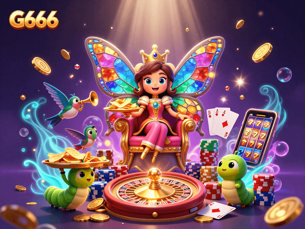 Experience exciting gameplay at G666 with vibrant casino elements and a whimsical backdrop.