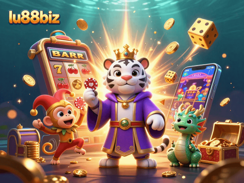 Experience the thrill of lu88biz with a vibrant illustration featuring a majestic tiger, playful monkey, and enchanting dragon surrounded by casino excitement.