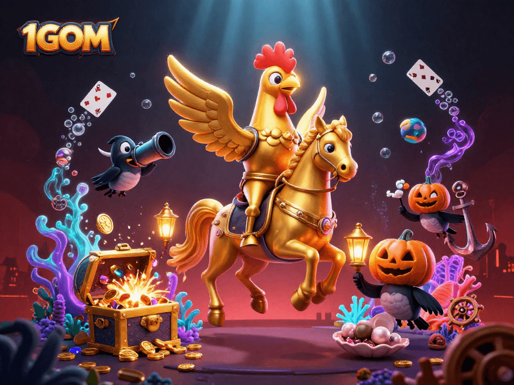1GOM illuminates your winning strategies in a vibrant casino scene with golden rooster adventure.