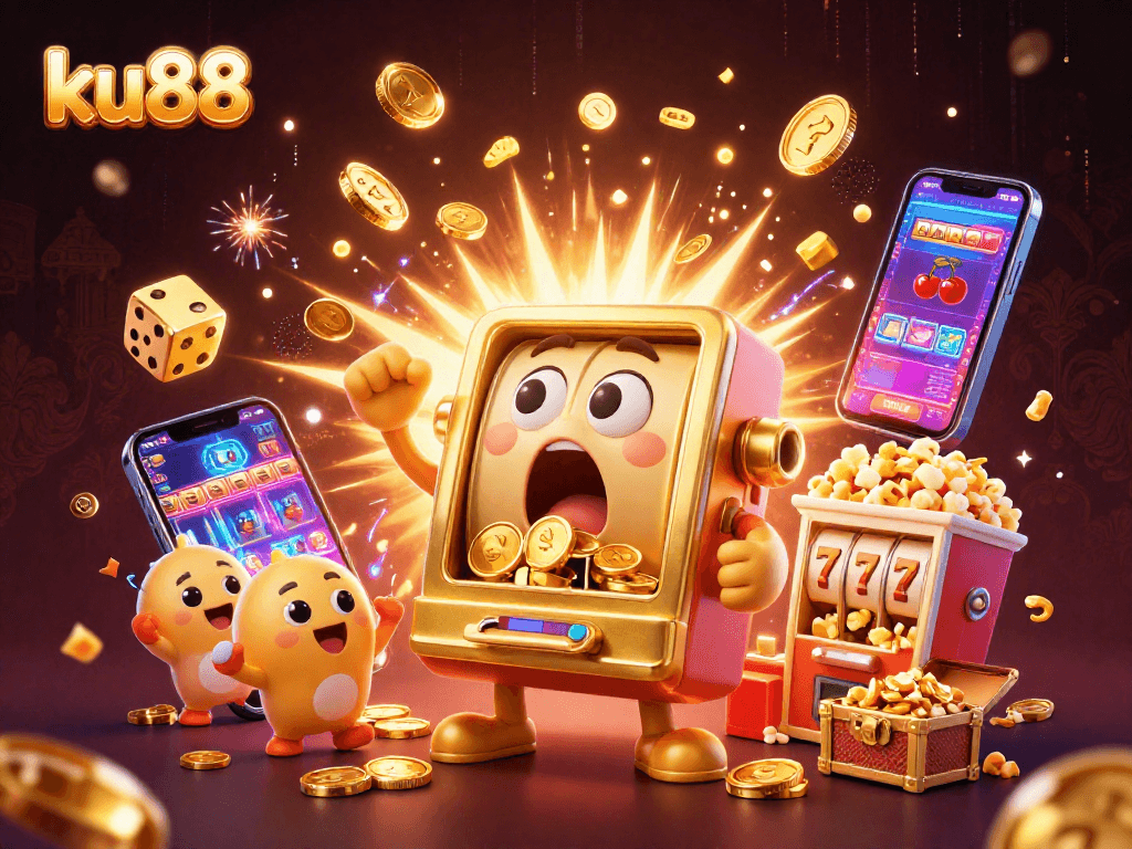 ku88 slot machine celebrates a jackpot with coins pouring out in this vibrant casino scene.