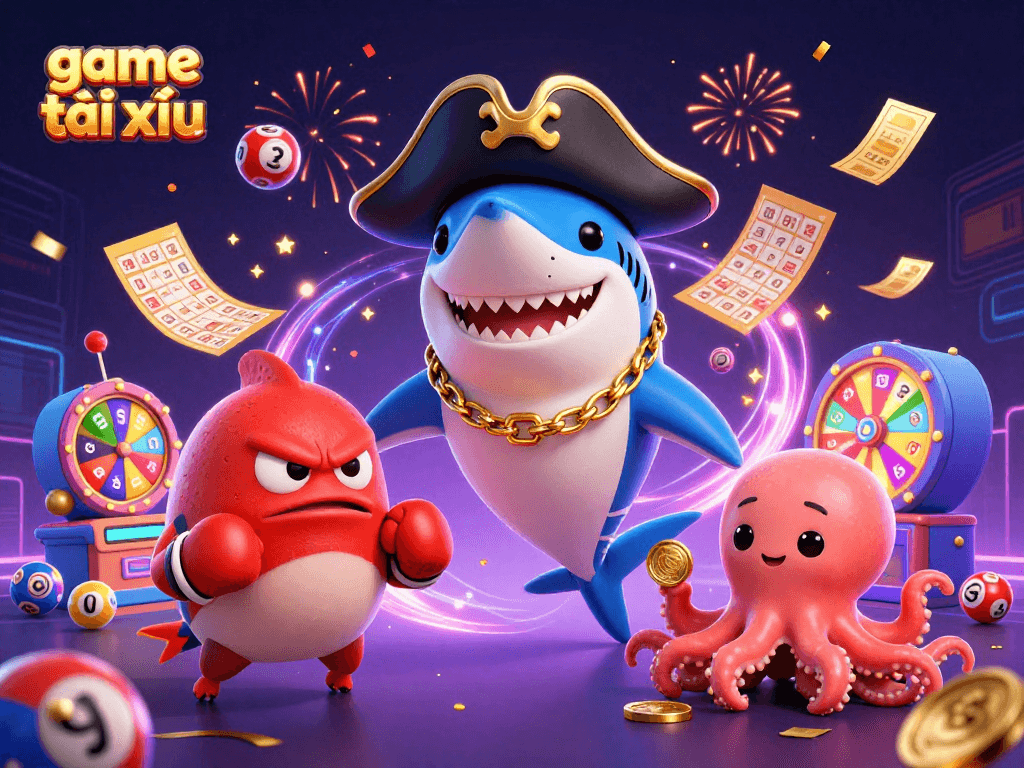 Experience game tài xỉu with vibrant lottery elements featuring a shark, pufferfish, and octopus.