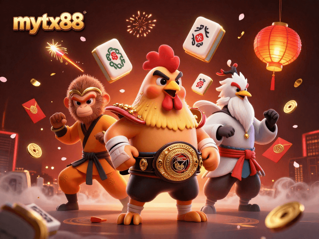 Engage with mytx88's vibrant online casino world featuring lively characters and exciting gambling accessories.