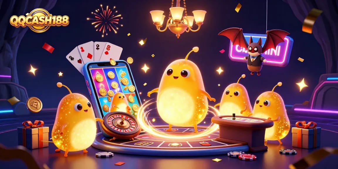 Experience the vibrant attractions of QQCASH188 with glowing casino elements and action-packed gameplay.