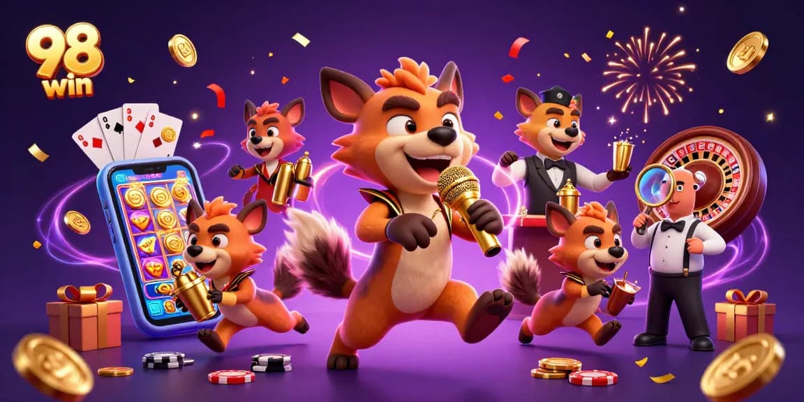 Join the fun at 98 win with a hilarious casino scene featuring hyenas and vibrant games.