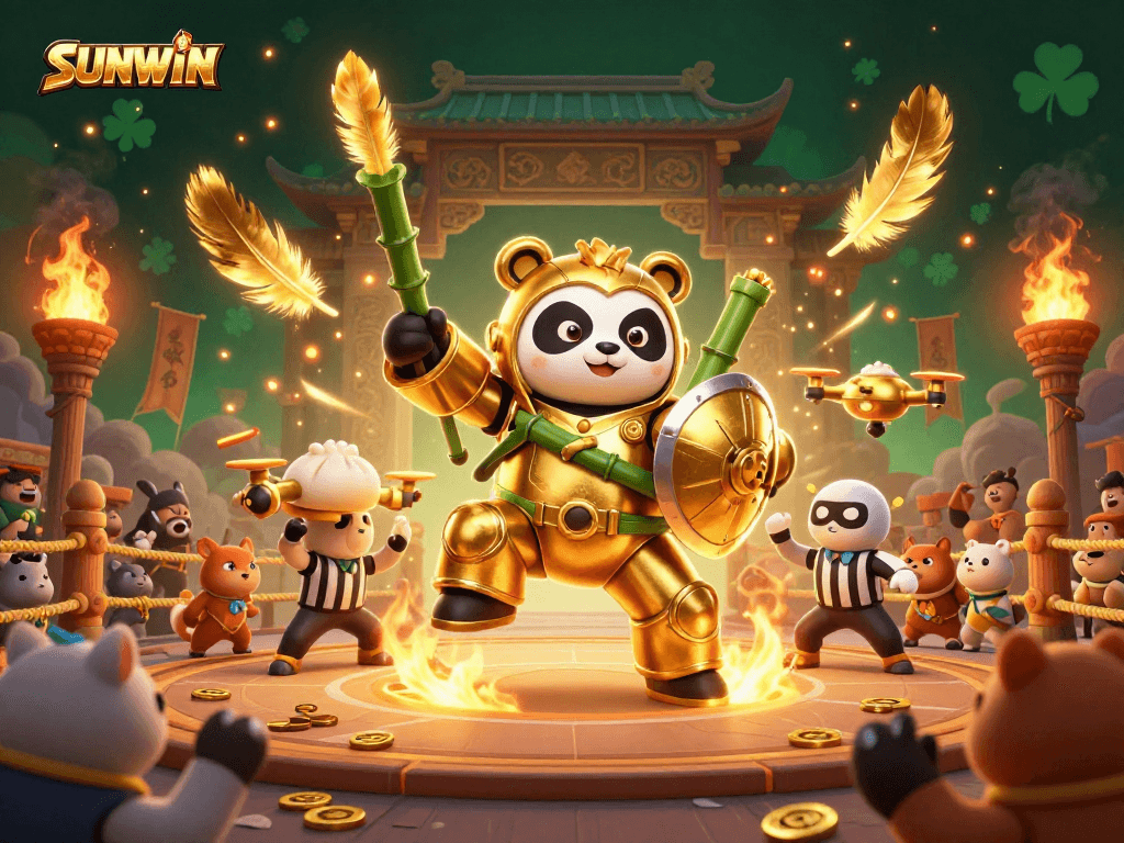 SUNWIN showcases thrilling gameplay in a dynamic arena featuring a golden panda in a mech-suit engaging with spectators.