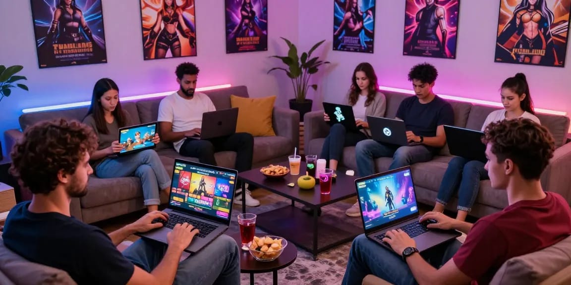 Group of adults enjoying free sex games on multiple devices in a vibrant gaming lounge.