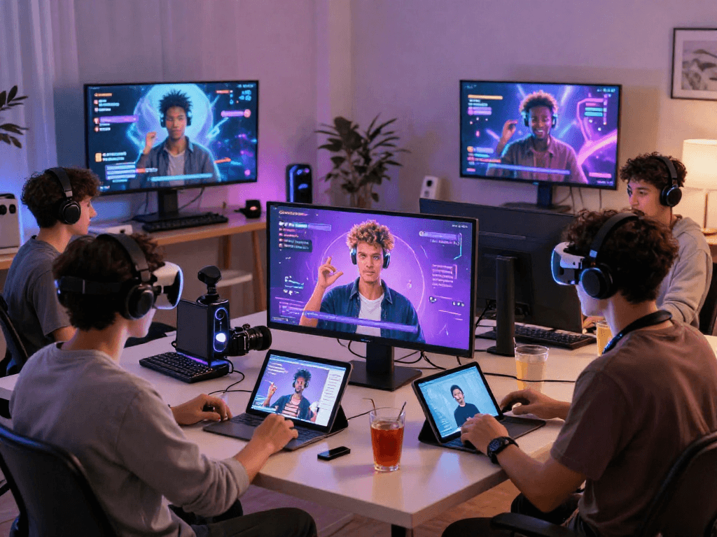 Engaging scene of individuals participating in porn ai chat with custom avatars, showcasing vibrant interactions in a cozy digital setting.