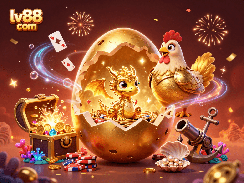 Experience the thrill of lv88 com with a dazzling golden dragon guarding poker chips amidst vibrant casino elements.