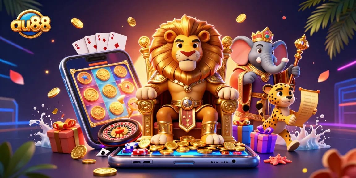 Experience thrilling wins at au88 with a fierce lion king, vibrant casino games, and vibrant gold coins.