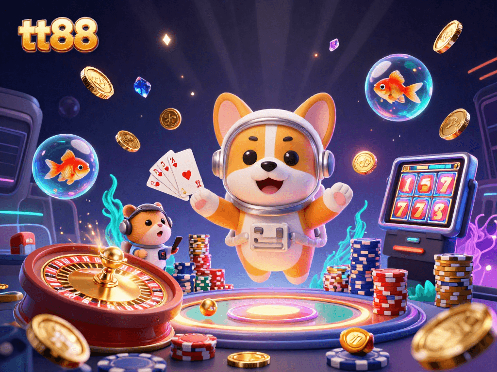 Experience tt88 as the astronaut corgi navigates a vibrant casino scene filled with floating coins and gaming elements.