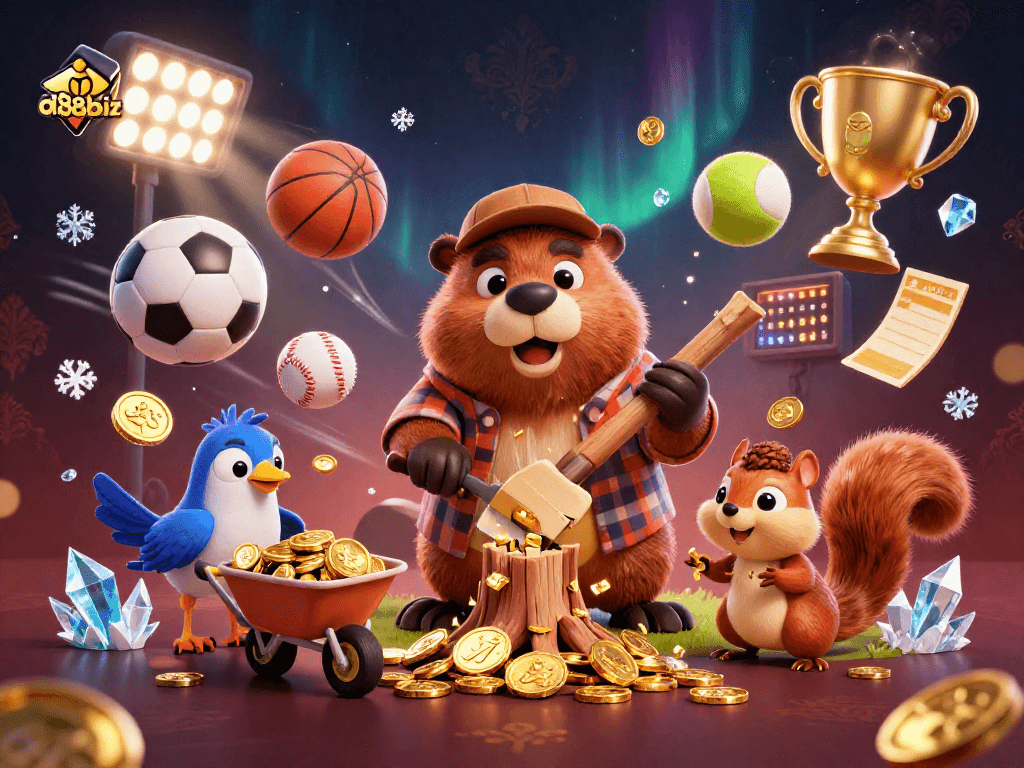 Engage with au88biz as a beaver rains golden coins while sports balls fly in a vibrant casino scene.
