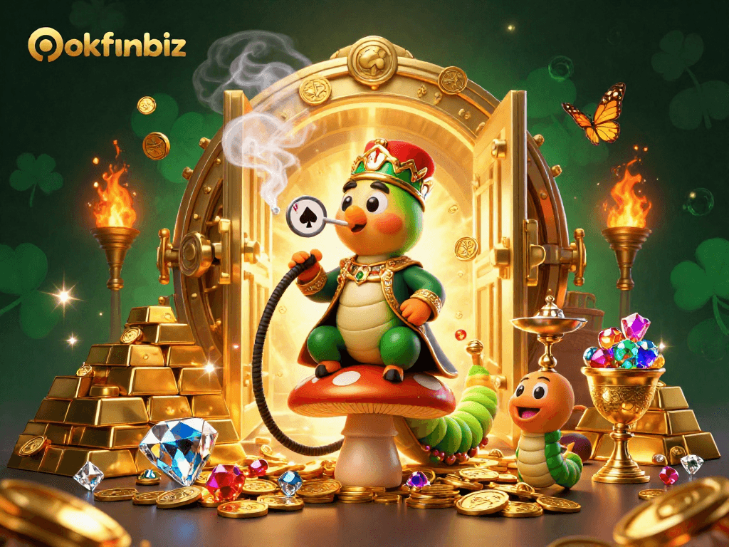 okfunbiz showcases an ultra-detailed 3D scene of festive gambling celebration with characters and treasures.