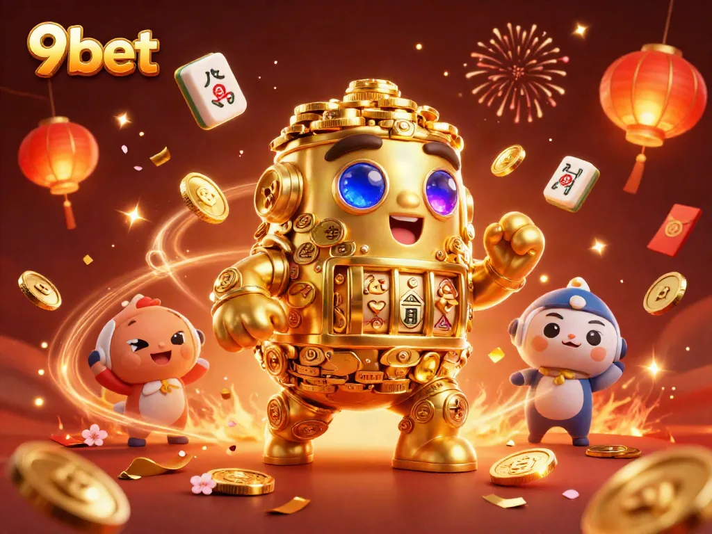 Experience 9bet's thrilling casino scene with a golden golem, slot machine symbols, and festive decorations.
