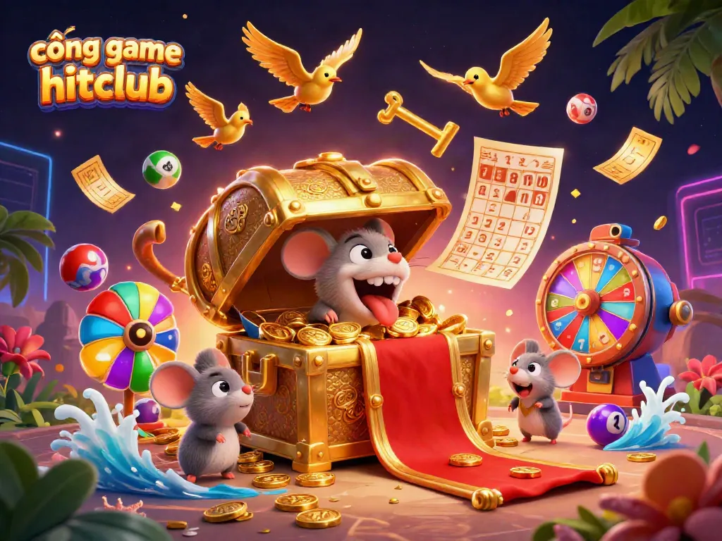 Celebrate wins at cổng game hitclub with vibrant lottery and casino imagery, including golden treasures and dynamic game elements.