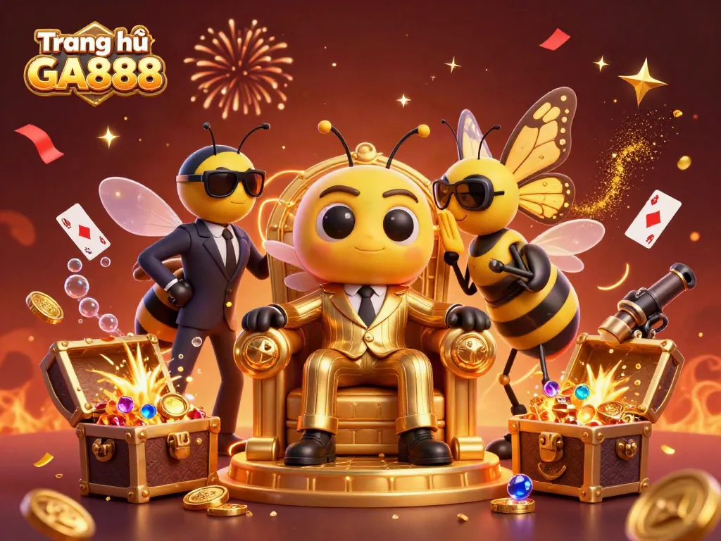 Engage with the vibrant scene at Trang chủ GA888, featuring gambling-themed elements and characters in a lively 3D illustration.
