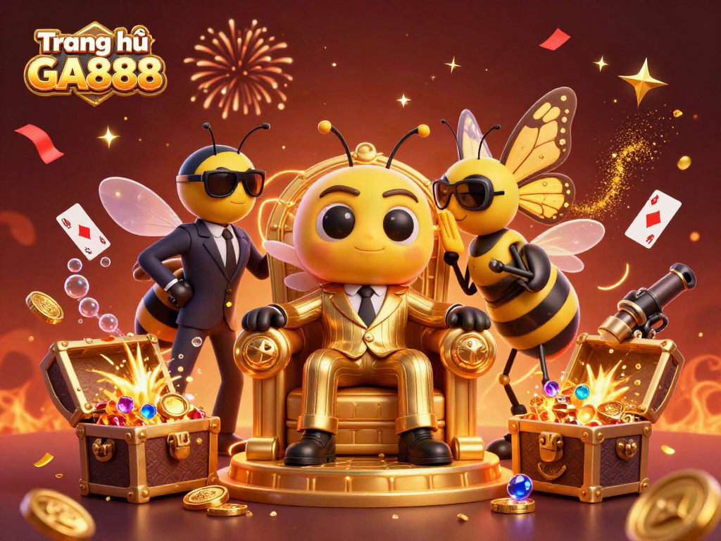 Engage with the vibrant scene at Trang chủ GA888, featuring gambling-themed elements and characters in a lively 3D illustration.
