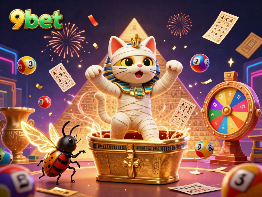 Engage with the vibrant casino atmosphere of 9bet, where a cartoon mummy cat and a scarab beetle celebrate with lottery balls and prizes.