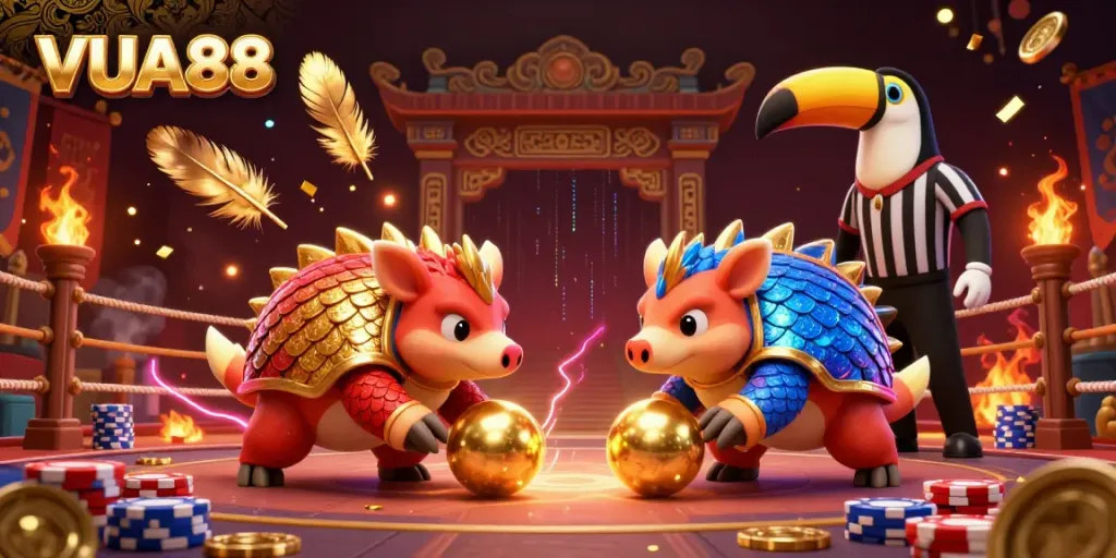 Witness VUA88's thrilling pangolin rivalry in a vibrant casino showdown, showcasing dynamic game elements.