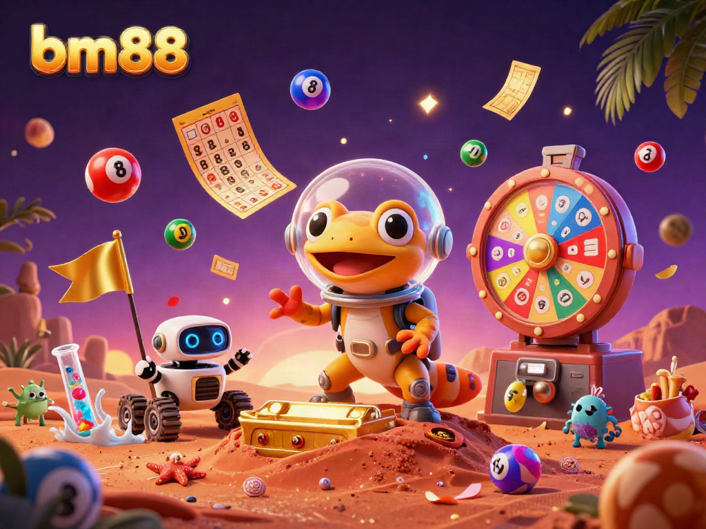 Experience the thrill of bm88 in a vibrant casino scene with dynamic lottery elements and Martian characters.