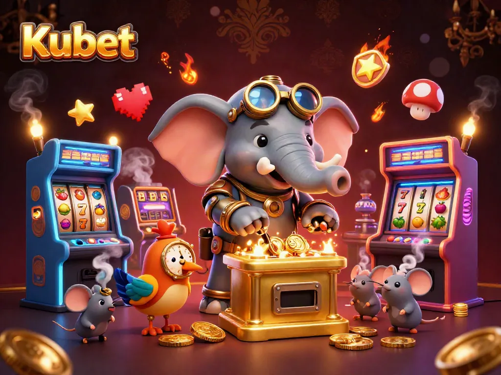 Kubet casino illustration with a steampunk elephant engineer operating a golden slot machine amidst vivid gaming elements.