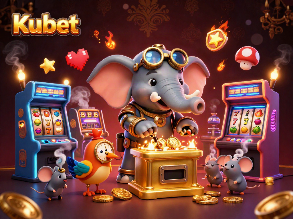 Kubet casino illustration with a steampunk elephant engineer operating a golden slot machine amidst vivid gaming elements.