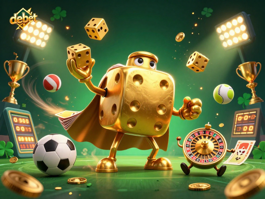 Engage with debet through dynamic sports betting visuals featuring golden dice and vibrant elements.