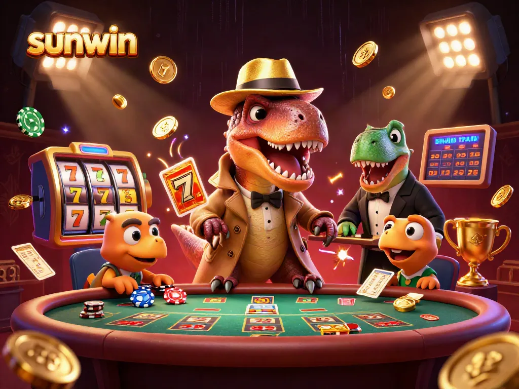 Engage with sunwin’s thrilling gaming experience featuring a velociraptor table player in a dynamic casino scene.