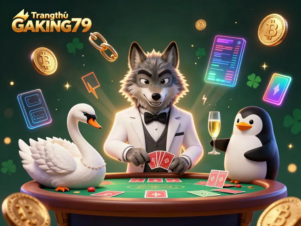 Experience Baccarat with Trang chủ GAKING79 featuring a wolf, swan, and penguin in an elegant casino scene.