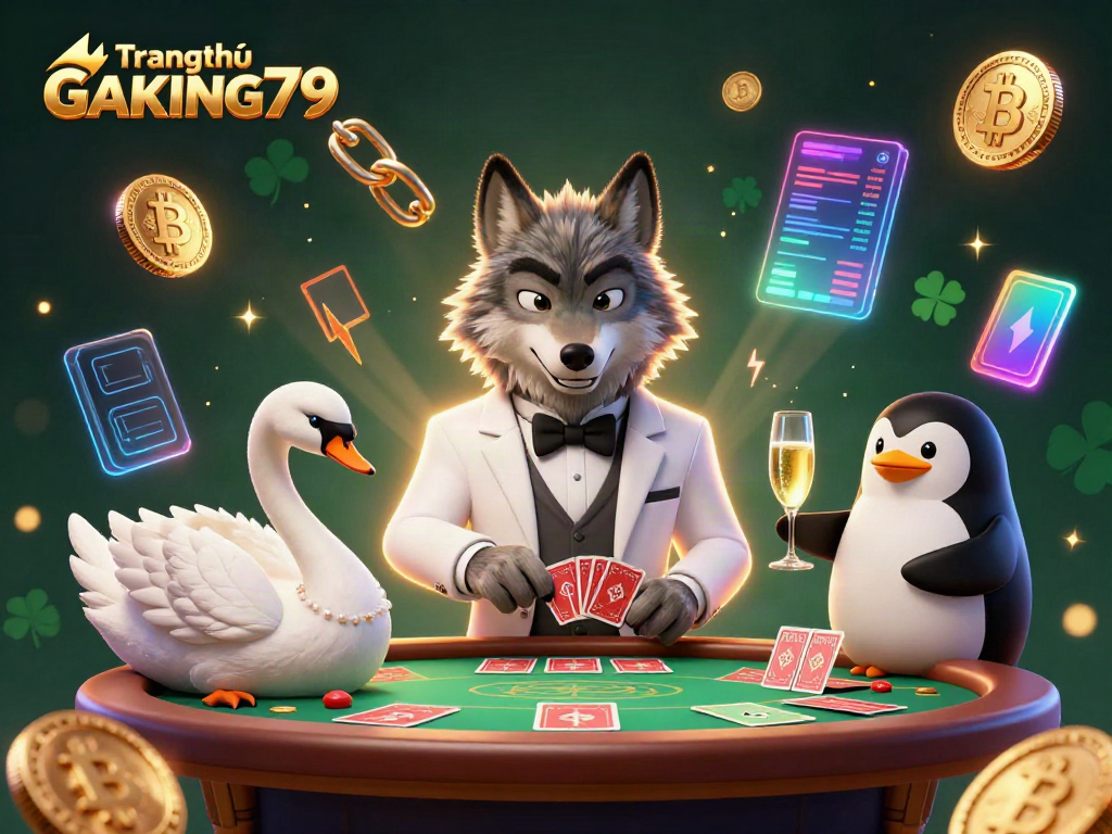 Experience Baccarat with Trang chủ GAKING79 featuring a wolf, swan, and penguin in an elegant casino scene.