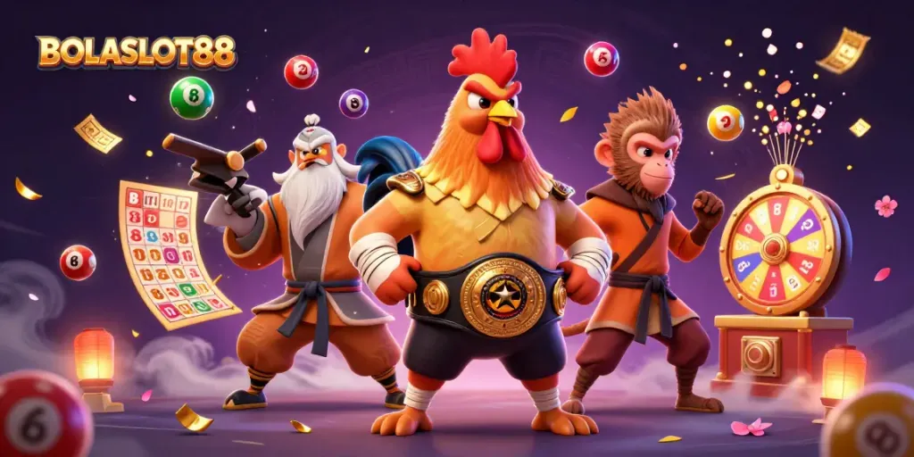 BOLASLOT88 showcases a vibrant casino scene with a Muay Thai rooster, Shaolin monkey, and wise crane master amidst dynamic lottery elements.