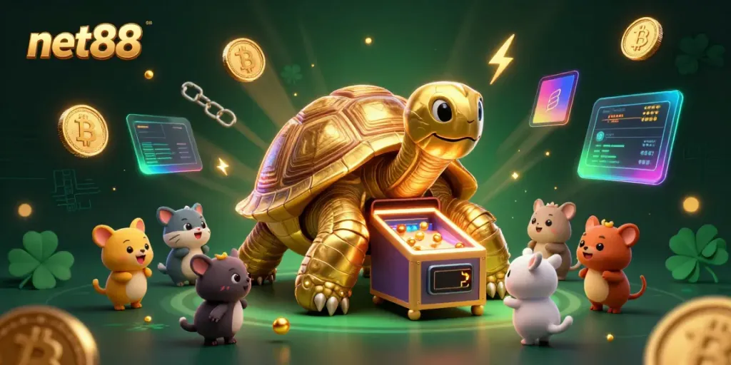 Play exciting games at net88 featuring a golden tortoise pinball machine with crypto coins.