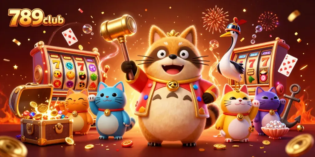 Play exciting slots at 789club with energetic characters celebrating wins amidst colorful game elements.