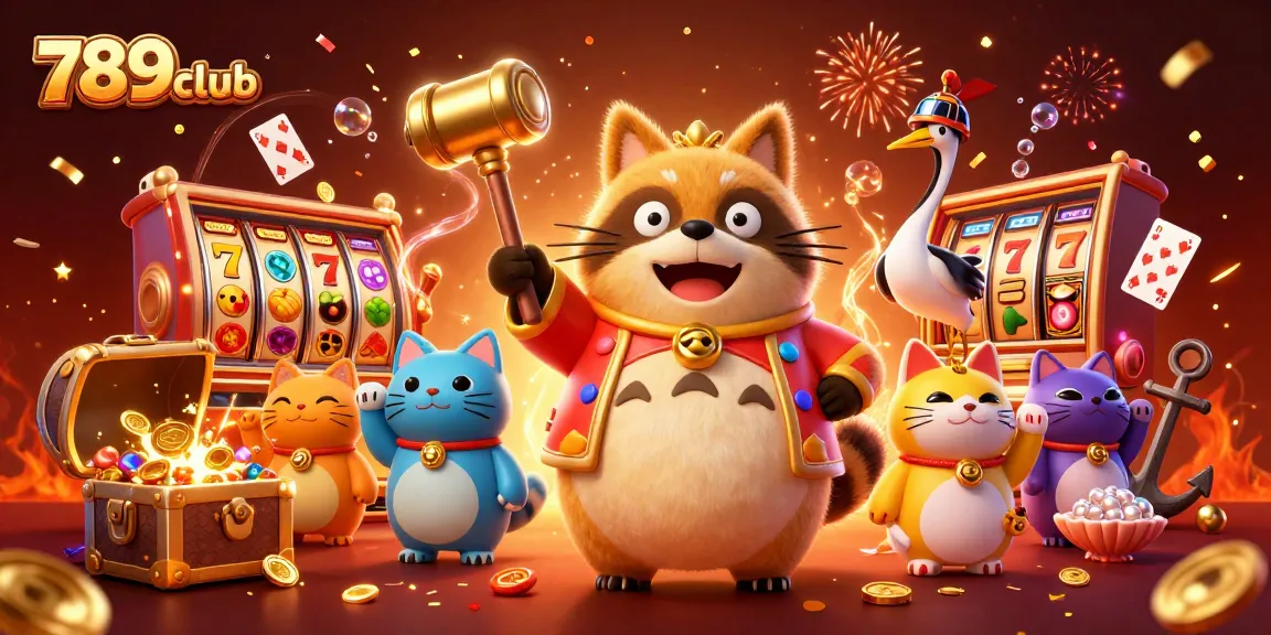 Play exciting slots at 789club with energetic characters celebrating wins amidst colorful game elements.