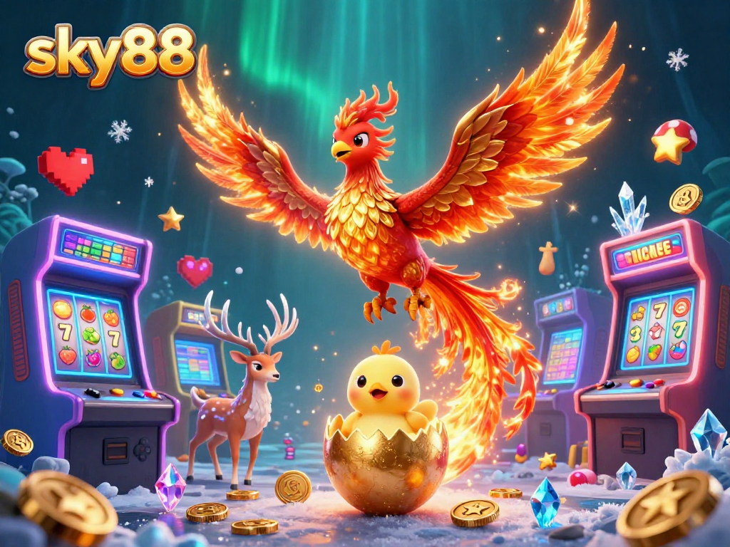 Experience the thrill of sky88 with a vibrant 3D phoenix scene featuring captivating casino elements.