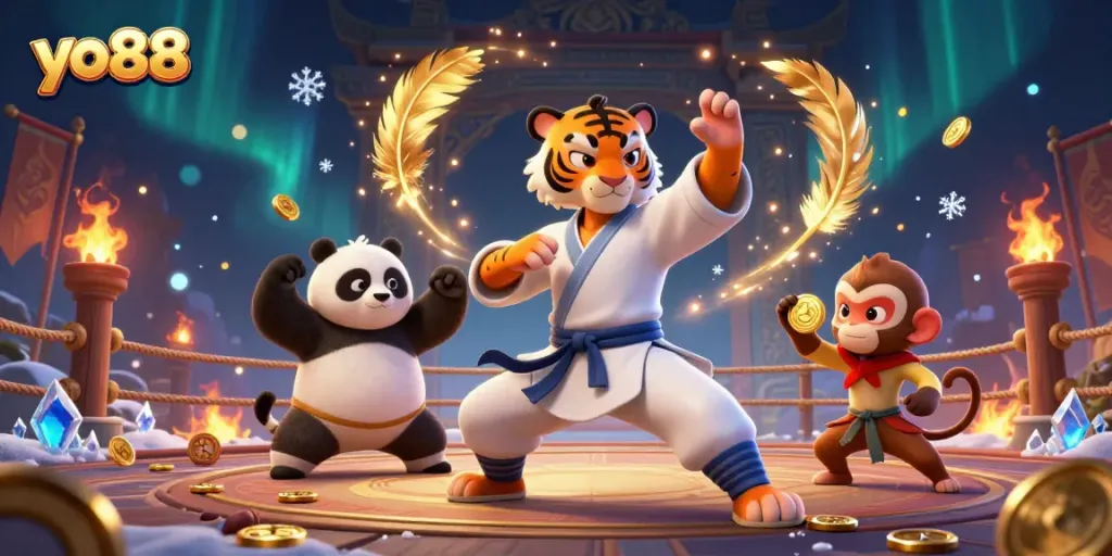 Experience thrilling gameplay with yo88 as the kung fu tiger master and panda disciple showcase their skills.