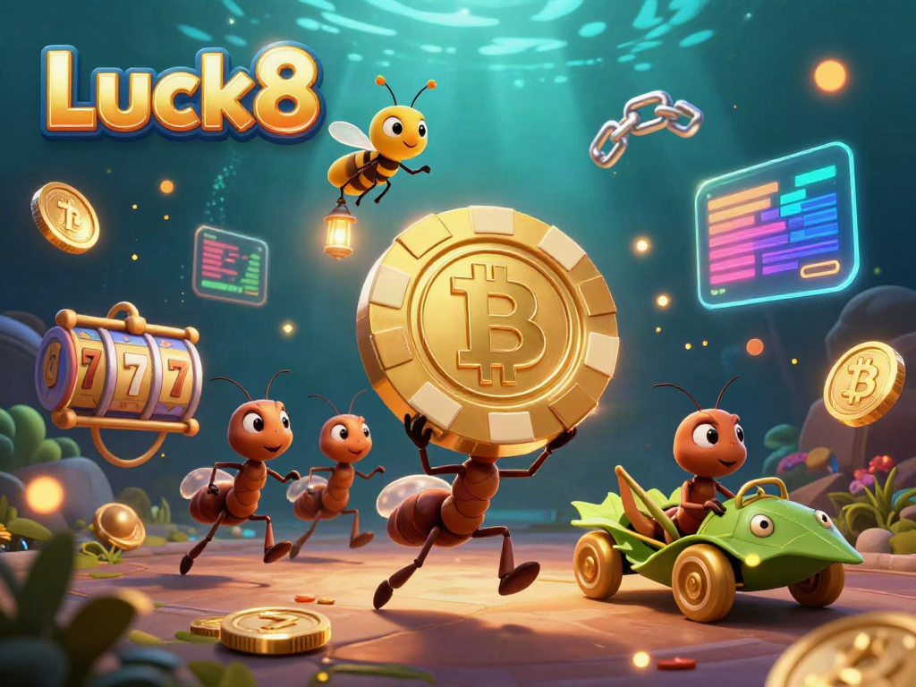 Join Luck8's thrilling casino adventure with ants on a heist, capturing golden poker chips amidst vibrant gaming elements.