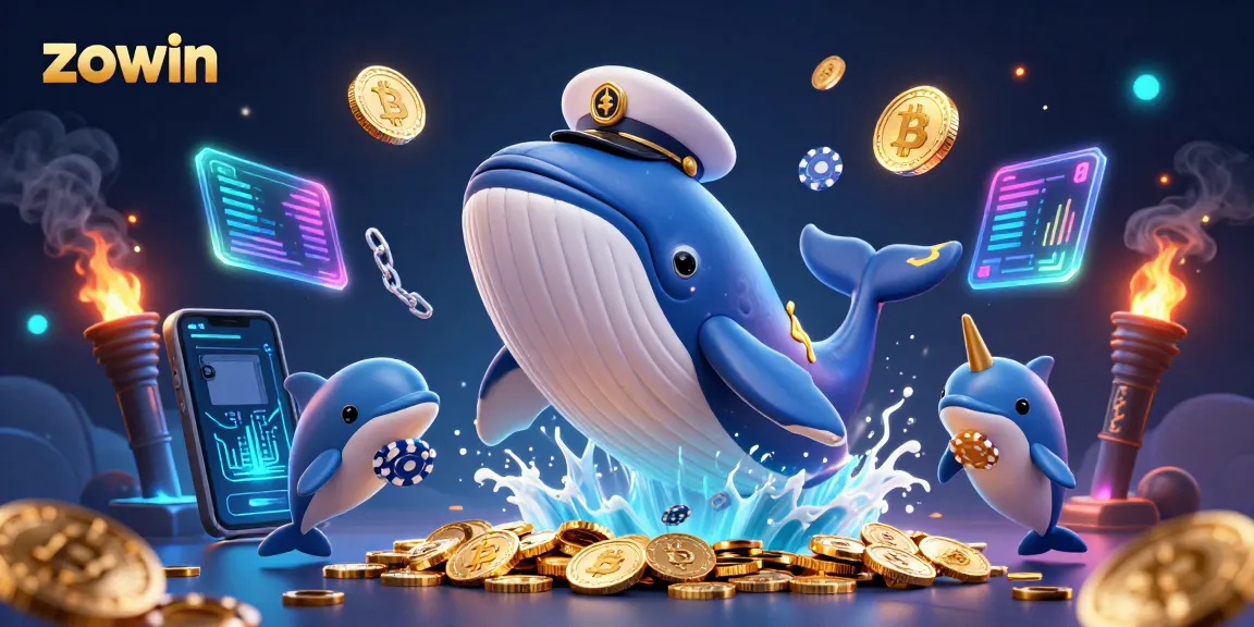 Join the fun at zowin with a whale and dolphins celebrating amidst glowing coins, NFTs, and crypto elements.