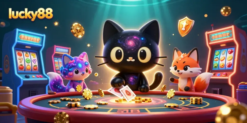 Experience the excitement of lucky88 gameplay with a cosmic casino scene featuring a black hole cat and colorful fox.