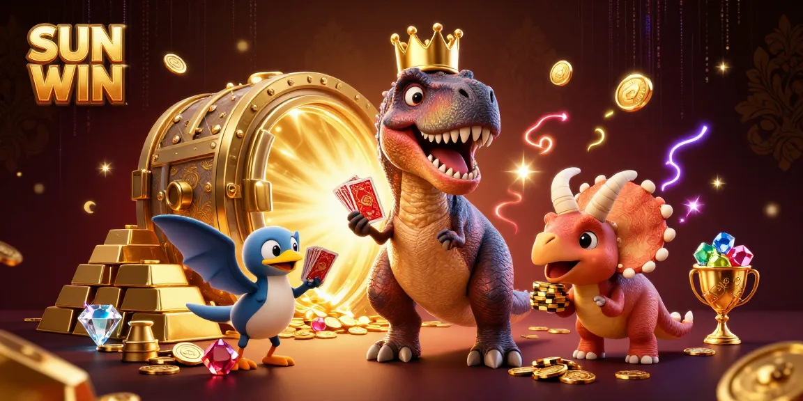 Experience the excitement of SUN WIN as characters shuffle cards and stack chips in a vibrant casino scene.