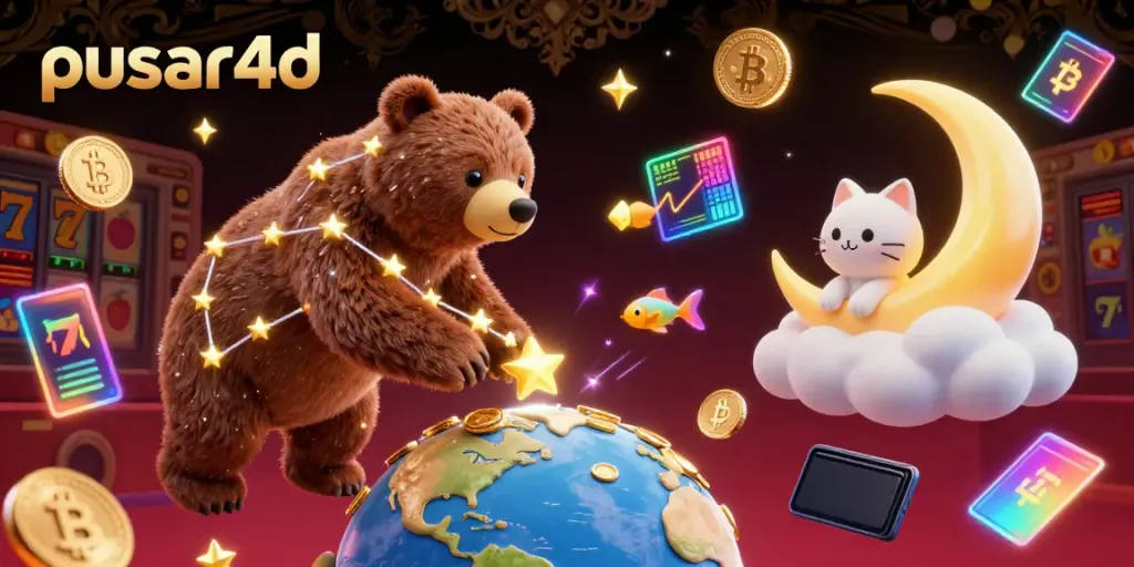 Engage with pusar4d in a vibrant 3D illustration featuring a constellation bear, crypto elements, and slot game symbols.