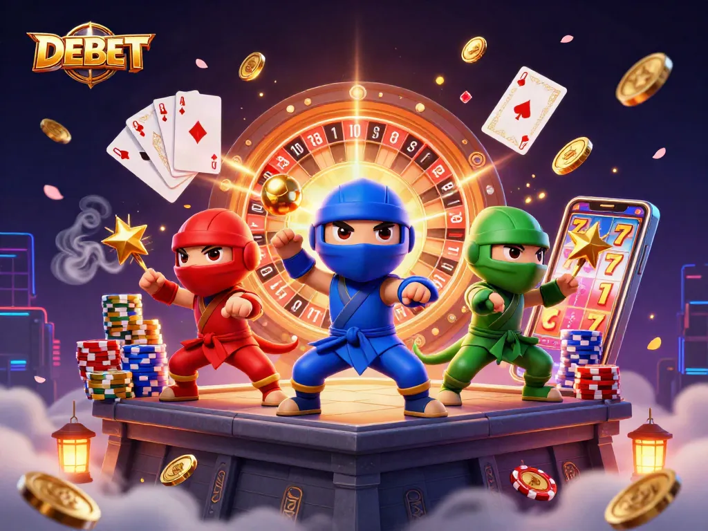 Engaging DEBET casino scene with ninja chameleons amidst vibrant casino elements and golden coins.