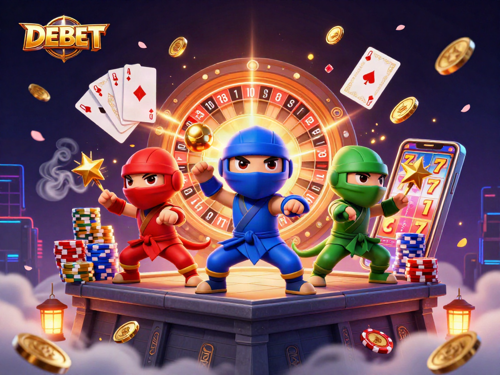 Engaging DEBET casino scene with ninja chameleons amidst vibrant casino elements and golden coins.