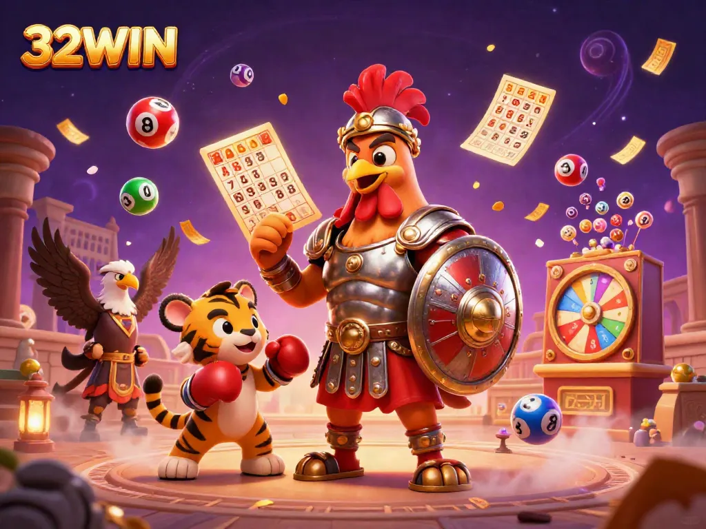 Engage your luck at 32WIN with vibrant lottery-themed 3D comedy featuring colorful balls and dynamic gaming elements.