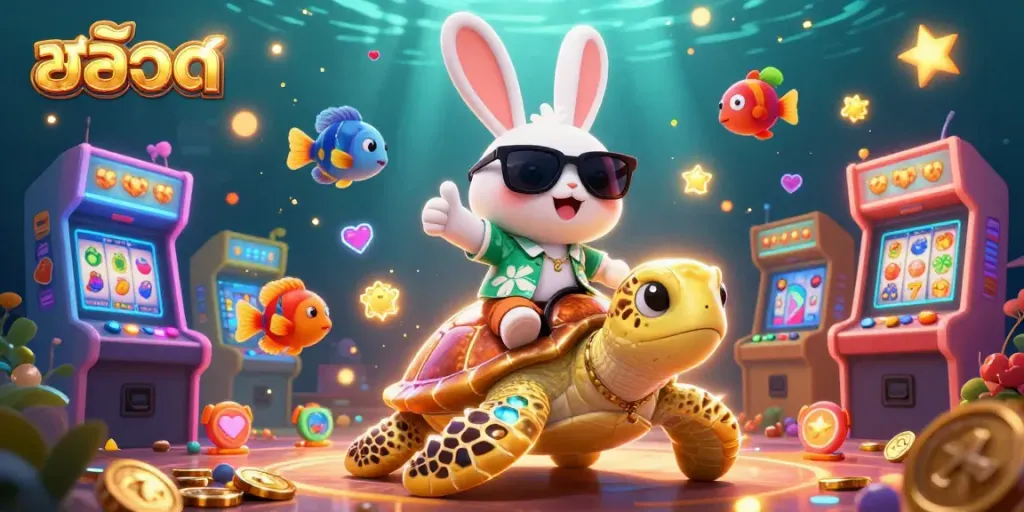 Experience vibrant สล็อต action with a lucky rabbit and golden turtle in this dynamic casino scene.