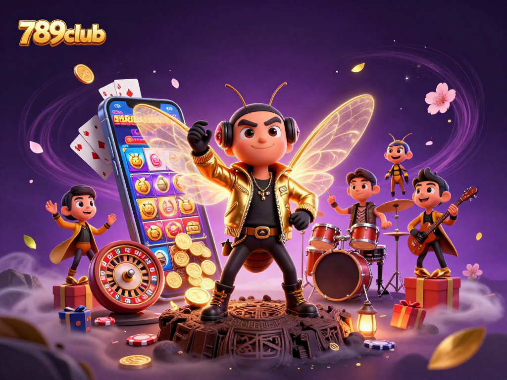 Engage with the thrilling 789club gaming experience through electric rock star visuals and vibrant casino elements.