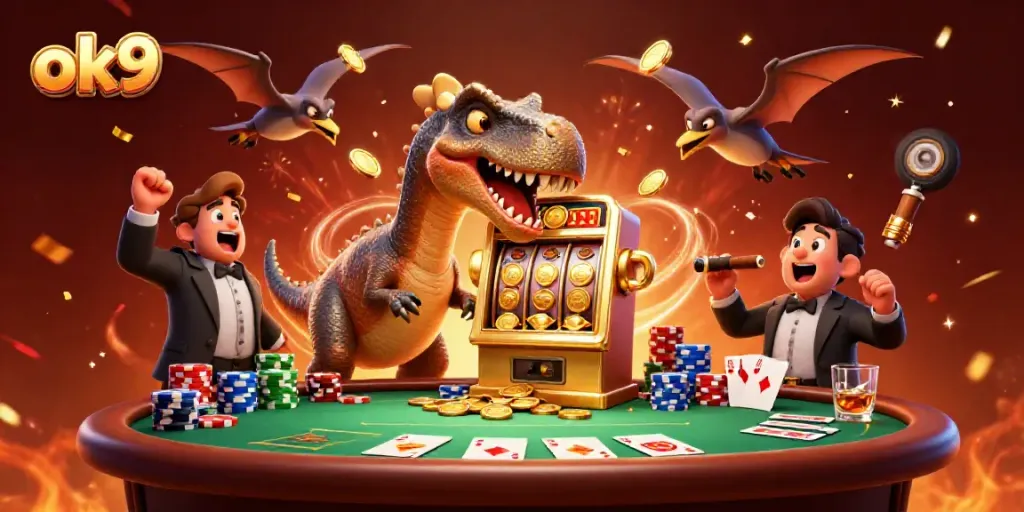 Catch the excitement at ok9 as a pachycephalosaurus celebrates jackpot wins with colorful coins and a lively casino scene.