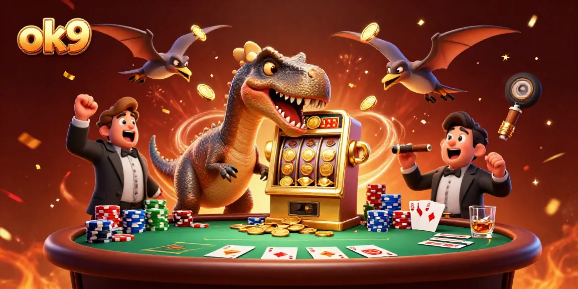 Catch the excitement at ok9 as a pachycephalosaurus celebrates jackpot wins with colorful coins and a lively casino scene.