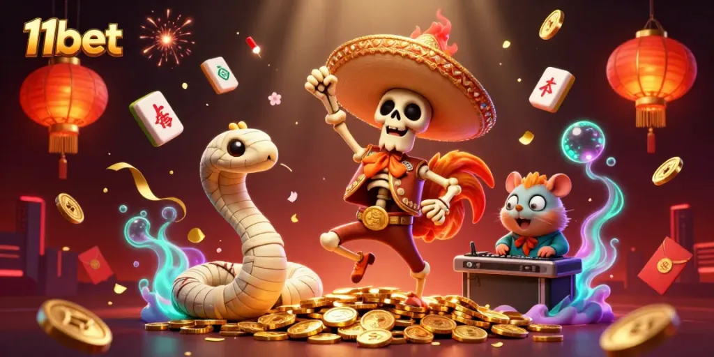 Experience exciting wins at 11bet with dynamic festive characters celebrating around casino treasures.